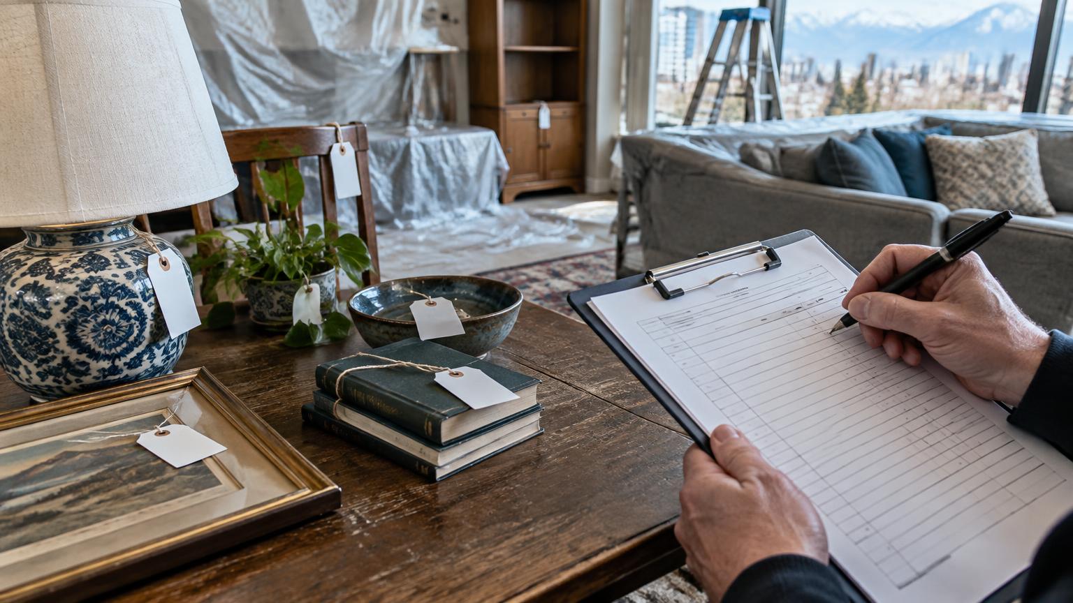 Homeowner recording tagged household belongings on a clipboard in a Denver living room under repair