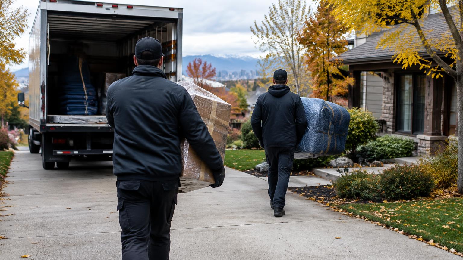 Restoration technicians carrying protected household contents between a Denver home and an unbranded box truck in autumn