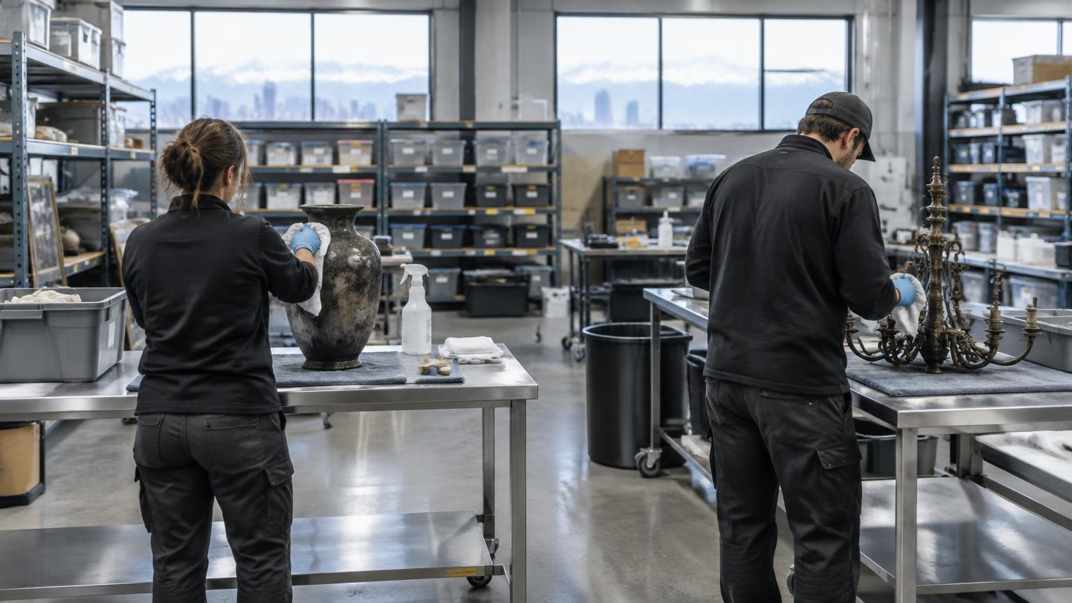 Technicians cleaning soot from household belongings in a daylight-lit Denver contents restoration warehouse