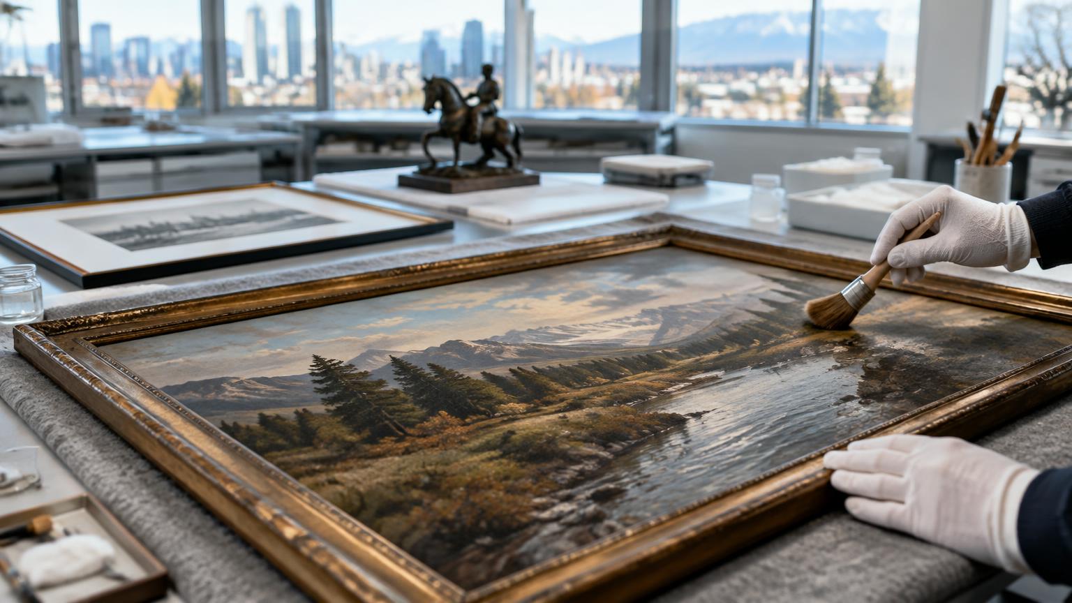Gloved hands assessing a framed landscape painting at a daylight-lit art restoration bench in Denver