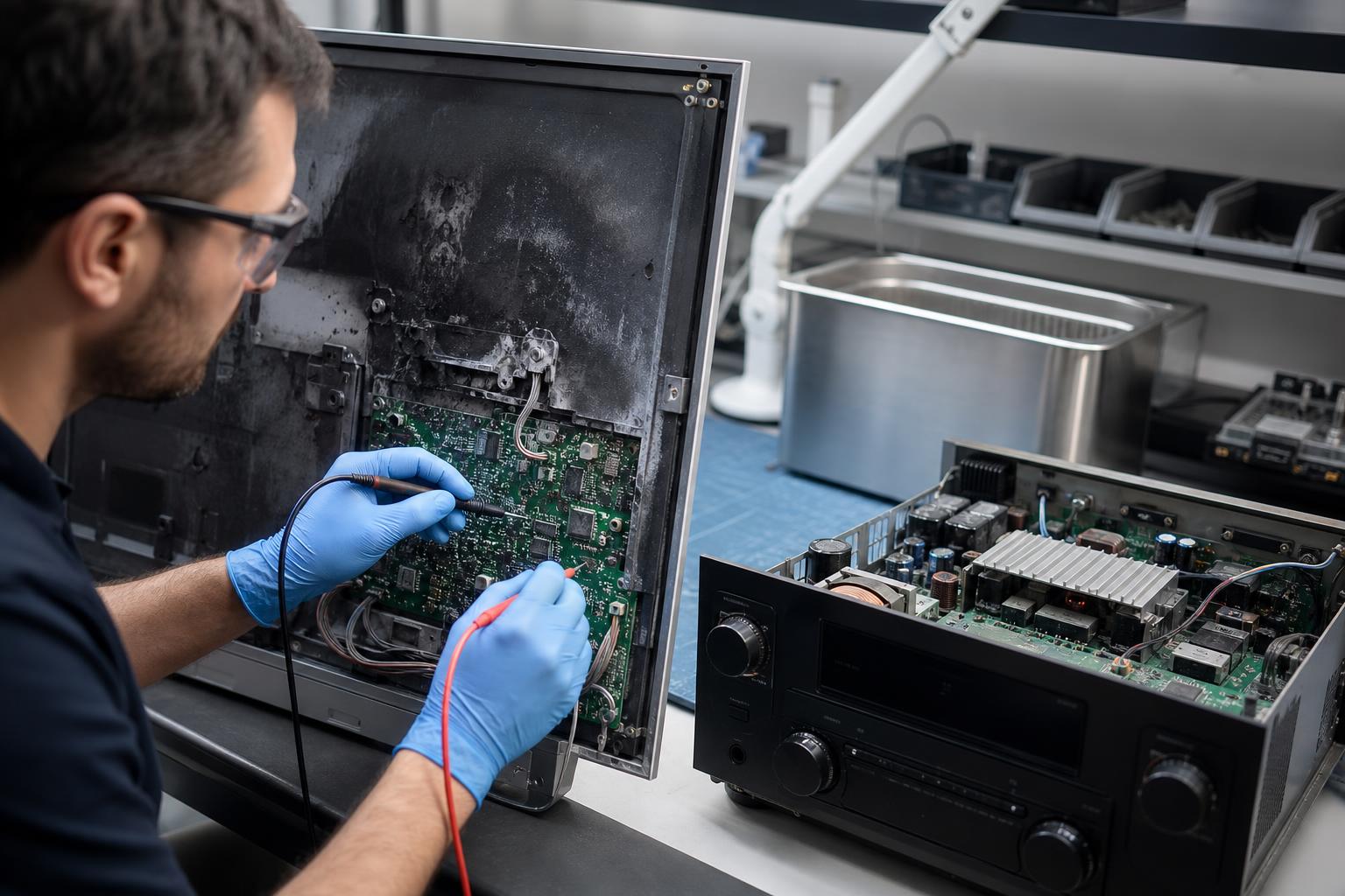 Electronics restoration technician testing a smoke-damaged flat-screen TV circuit board at an anti-static workstation