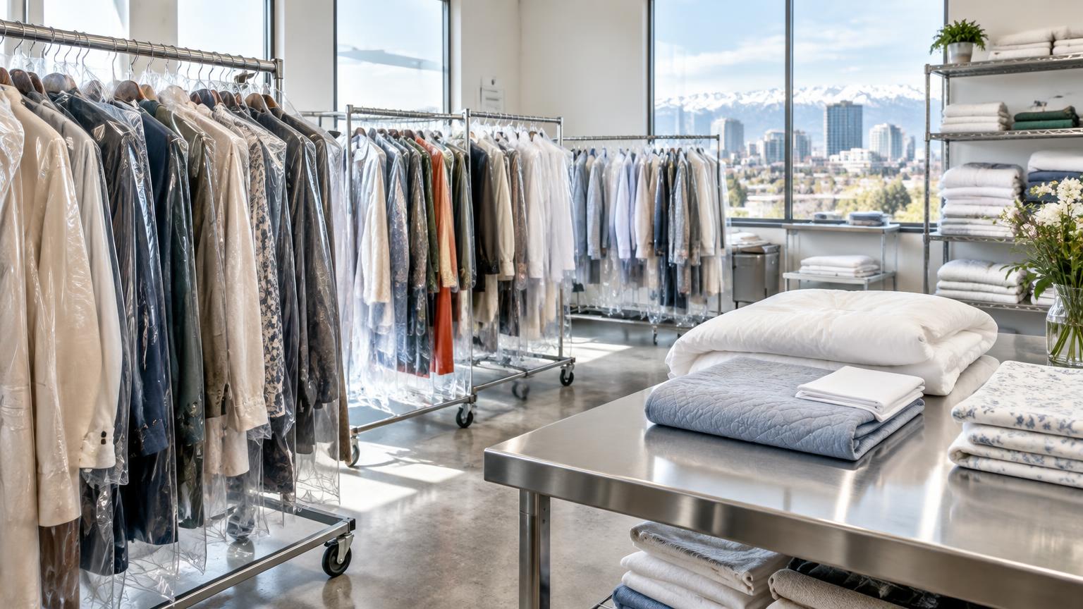 Clean garments in transparent bags on rolling racks beside folded bedding in a bright Denver textile restoration room