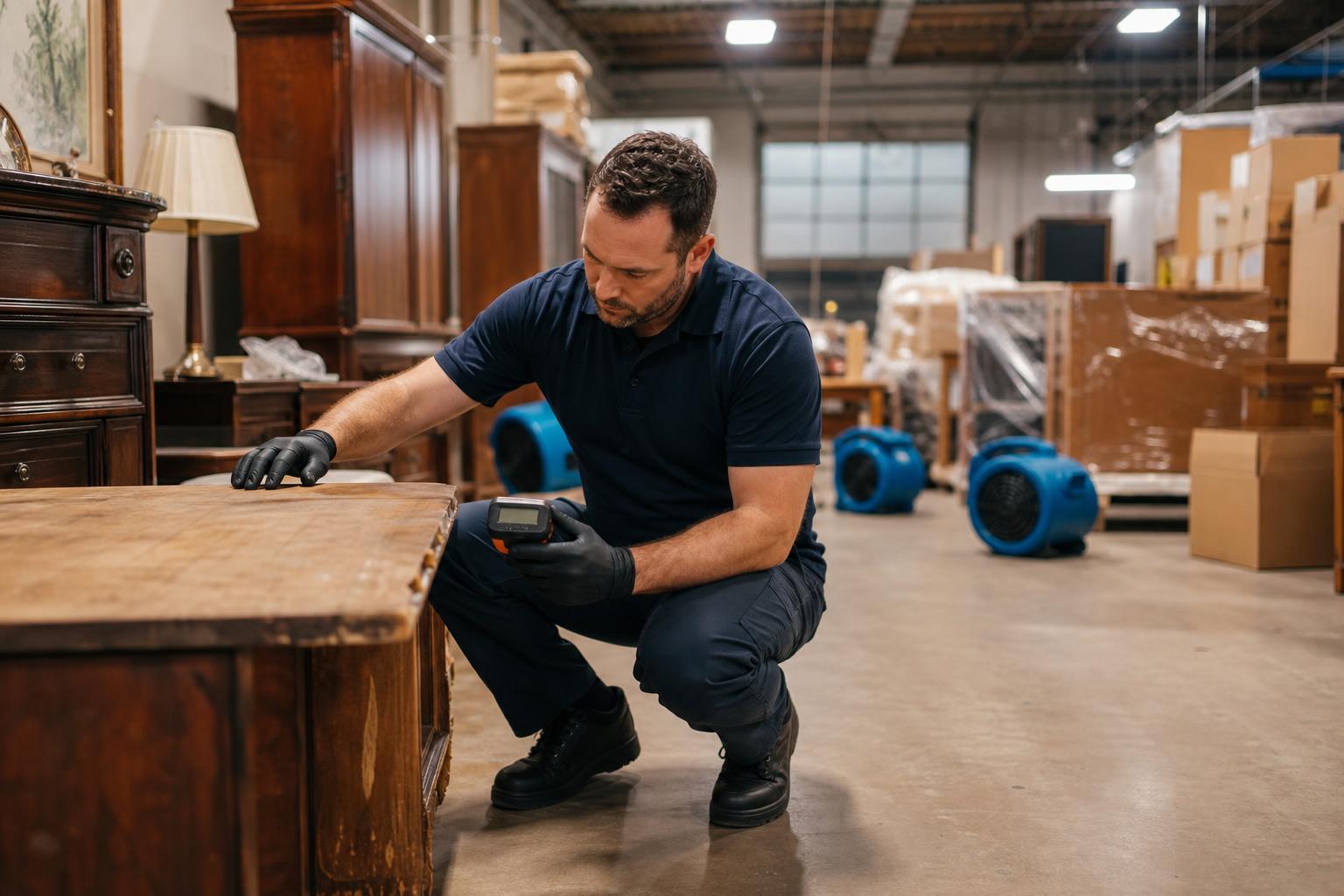 CRDN of Denver technician inspecting water-damaged furniture with a moisture meter inside a professional restoration warehouse